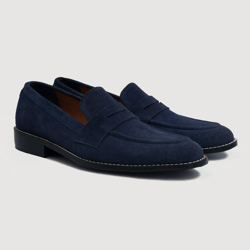 Baxton Blue Suede Leather Loafers For Men in Midnight Blue Goatskin Suede - Lateral Side Profile View | Buy Online