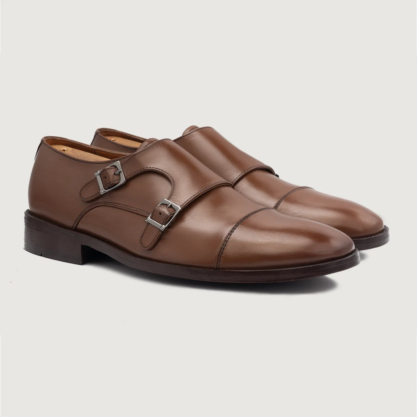 Boston Double Monk Strap Marron Leather Shoes pour Homme