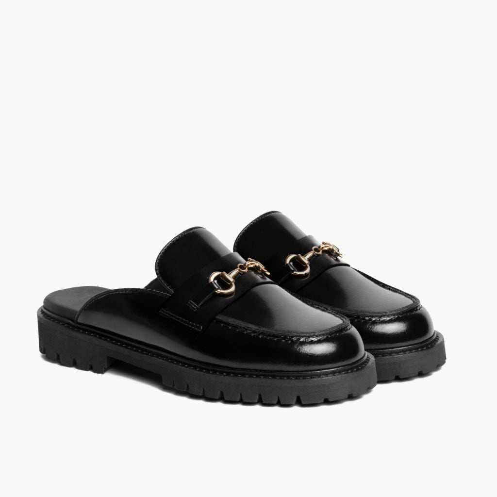 Penny Mule Noir & Gold Mocassins en cuir pour Femme en cuir de vachette noir véritable - Vue de profil | Acheter en ligne