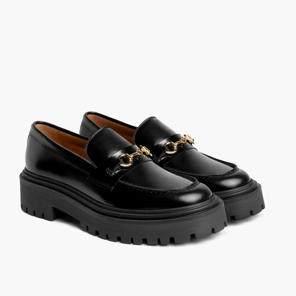 Penny Platform Noir & Gold Mocassins en cuir pour Femme en cuir de vachette noir véritable - Vue de profil | Acheter en ligne