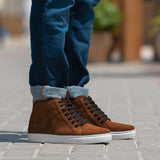 Marty High Top Brown Suede Sneakers in Brown Goatskin Suede - Lateral Side Profile View | Buy Online