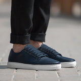 Murphy Low Top Midnight Blue Leather Sneakers in Midnight Blue Full-Grain Leather - Lateral Side Profile View | Buy Online