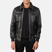 Men's Aaron Distressed Black Leather Bomber Jacket in Black Cowhide Leather - Vue de face &amp; silhouette ajustée | Acheter en ligne