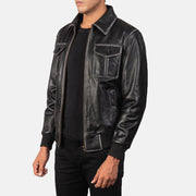 Black Cowhide Leather Bomber Jacket - Vue de dos avec coupe ajustée aux épaules &amp; ourlet soigné