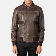 Men's Aaron Distressed Brown Leather Bomber Jacket - Vue de profil avec coupe de manche ergonomique
