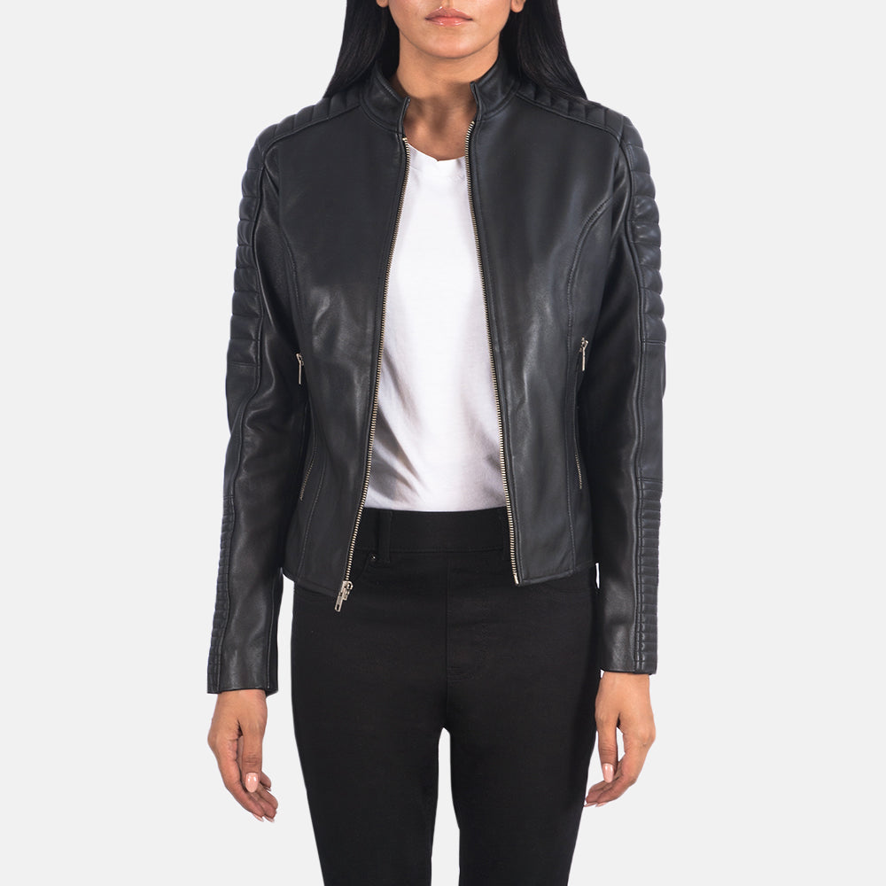 Women's Adalyn Matelassé Noir Veste Motard en Cuir pour Femme in Black Sheepskin Leather - Vue de face &amp; silhouette ajustée | Acheter en ligne