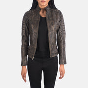 
Adalyn Matelassé Marron Vieilli Veste Motard en Cuir pour Femme in Distressed Brown Goatskin Leather - Vue de face & silhouette ajustée | Acheter en ligne
