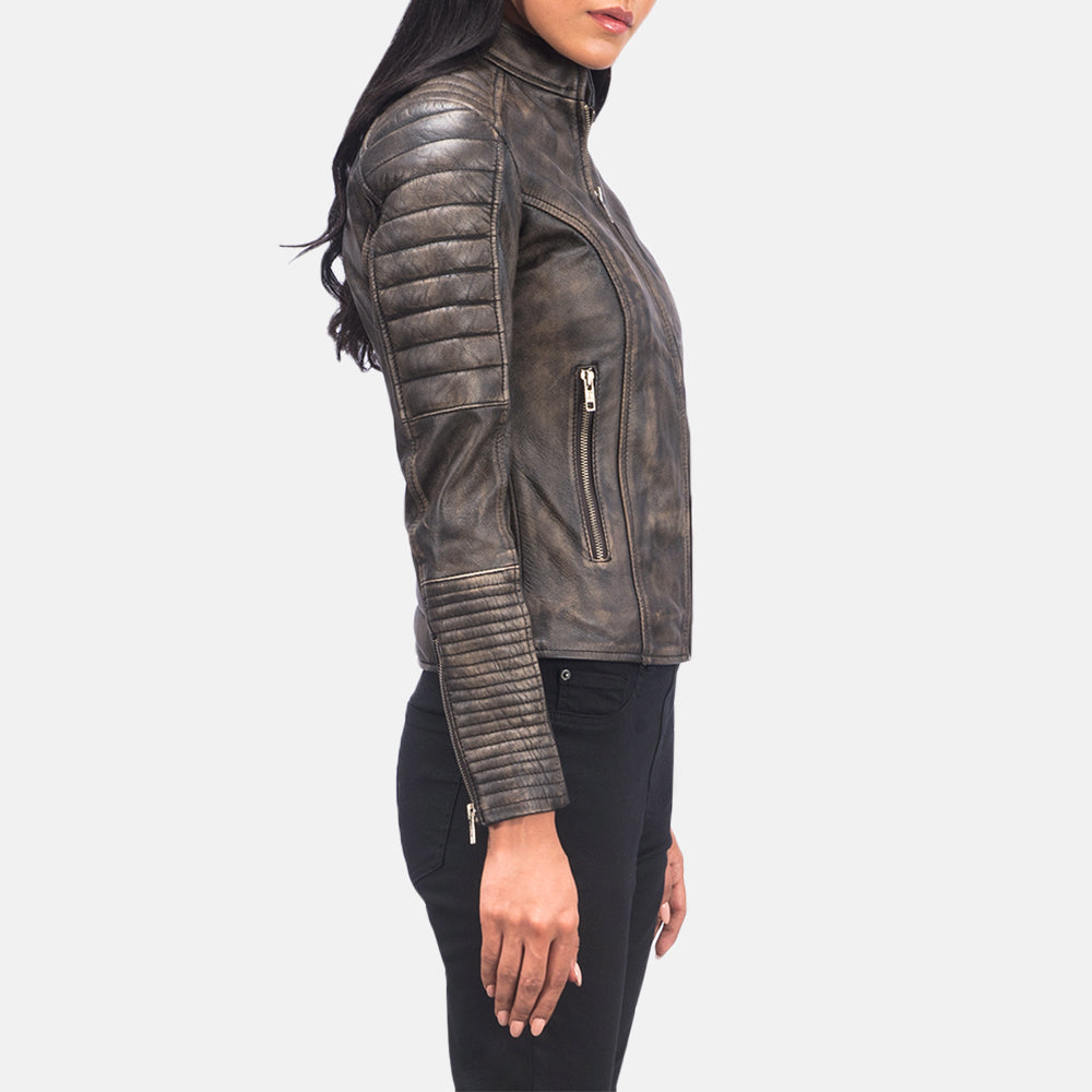 
Distressed Brown Goatskin Leather Biker Jacket - Vue arrière montrant la carrure ajustée et l'ourlet net