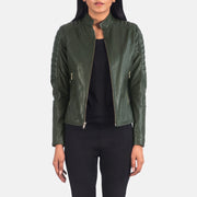 Women's Adalyn Matelassé Vert Veste Motard en Cuir pour Femme in Green Sheepskin Leather - Vue de face &amp; silhouette ajustée | Acheter en ligne