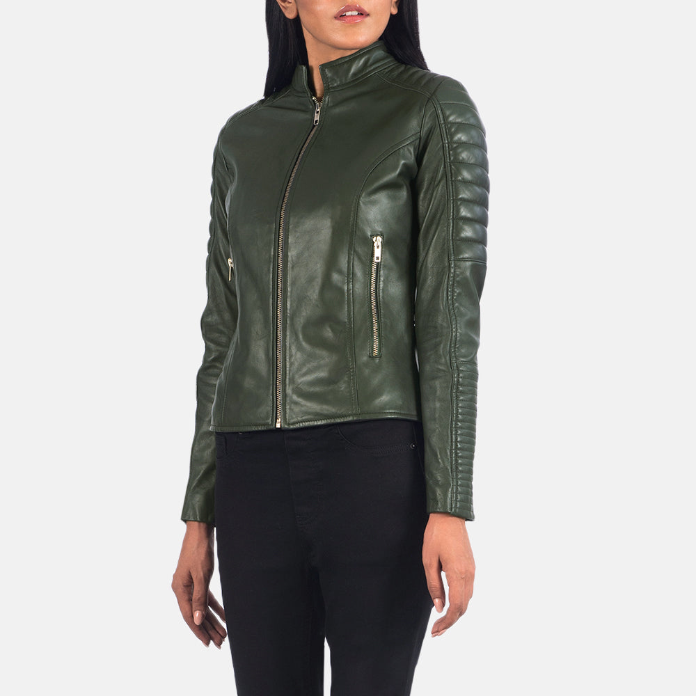 Vue détaillée of Band &amp; Zipper Hardware on Women's Adalyn Matelassé Vert Veste Motard en Cuir pour Femme