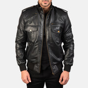 Men's Agent Shadow Noir Blouson Bomber en Cuir pour Homme in Black Sheepskin Leather - Vue de face &amp; silhouette ajustée | Acheter en ligne