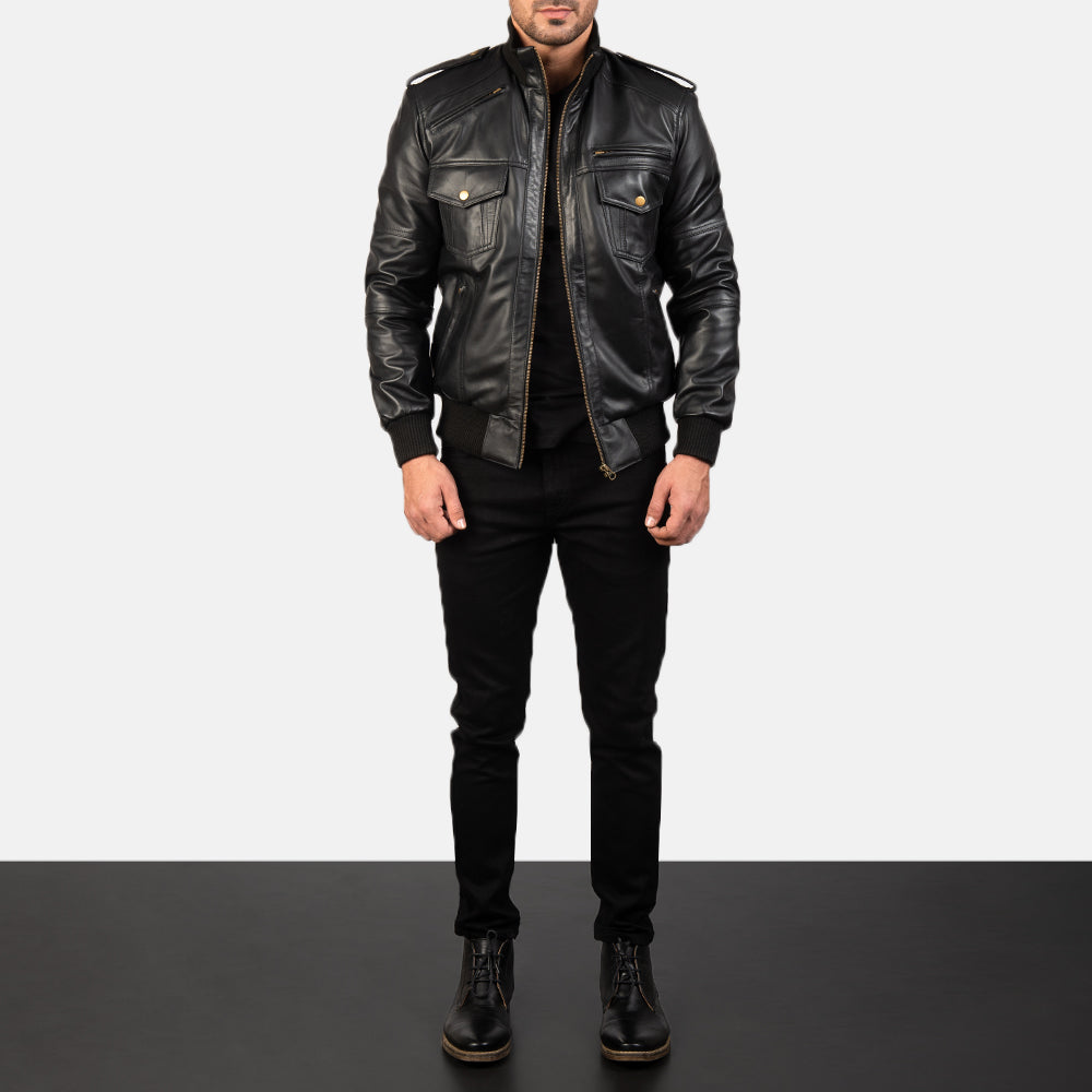 Men's Agent Shadow Noir Blouson Bomber en Cuir pour Homme - Vue de profil avec coupe de manche ergonomique