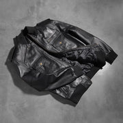 Rib knit &amp; Hem Craftsmanship Construction Detail on Men's Agent Shadow Noir Blouson Bomber en Cuir pour Homme
