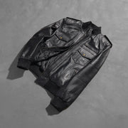 Styled Fit Perspective of Men's Agent Shadow Noir Blouson Bomber en Cuir pour Homme on Model - Natural Daylight Drape