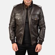 Men's Agent Shadow Marron Blouson Bomber en Cuir pour Homme in Brown Sheepskin Leather - Vue de face &amp; silhouette ajustée | Acheter en ligne