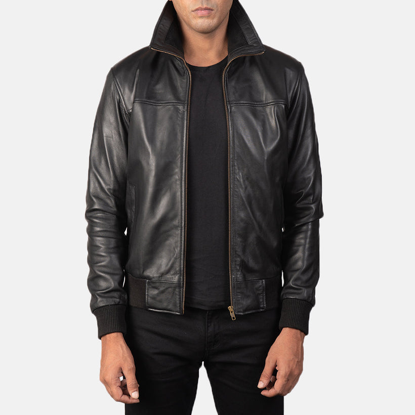 Men's Air Rolf Black Leather Bomber Jacket in Black Sheepskin Leather - Front Profile View & Tailored Silhouette | Buy Online
