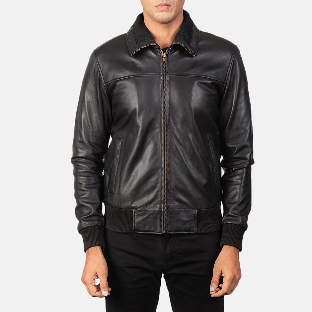 Vue détaillée of Rib Knit &amp; Zipper Hardware on Men's Air Rolf Noir Blouson Bomber en Cuir pour Homme