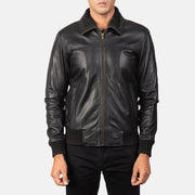 Vue détaillée of Rib Knit &amp; Zipper Hardware on Men's Air Rolf Noir Blouson Bomber en Cuir pour Homme