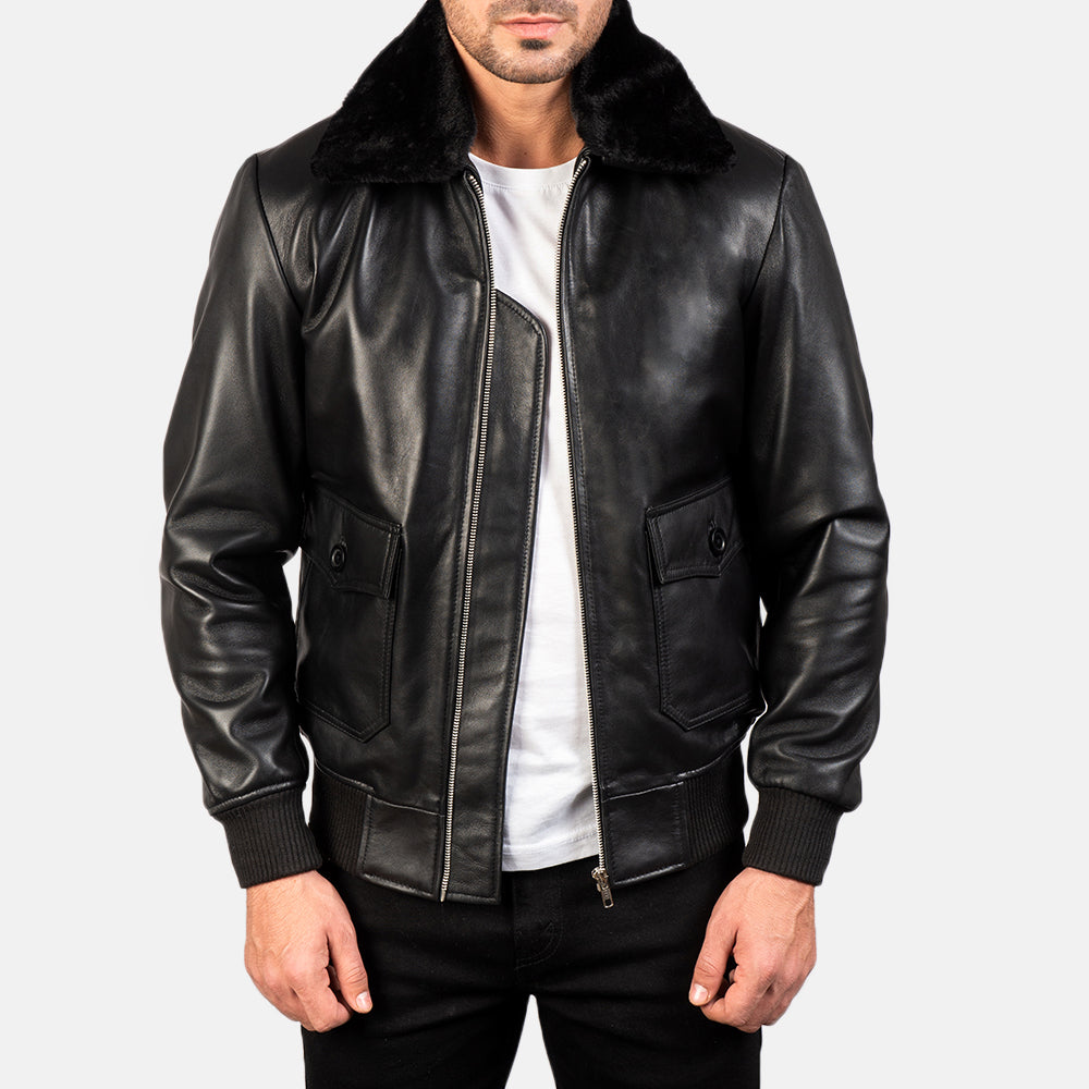 Men's Airin G-1 Black Leather Bomber Jacket in Black Sheepskin Leather - Front Profile View & Tailored Silhouette | Buy Online