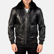 Close-Up Detail of Shirt with Removable Fur & Zipper Hardware on Men's Airin G-1 Black Leather Bomber Jacket