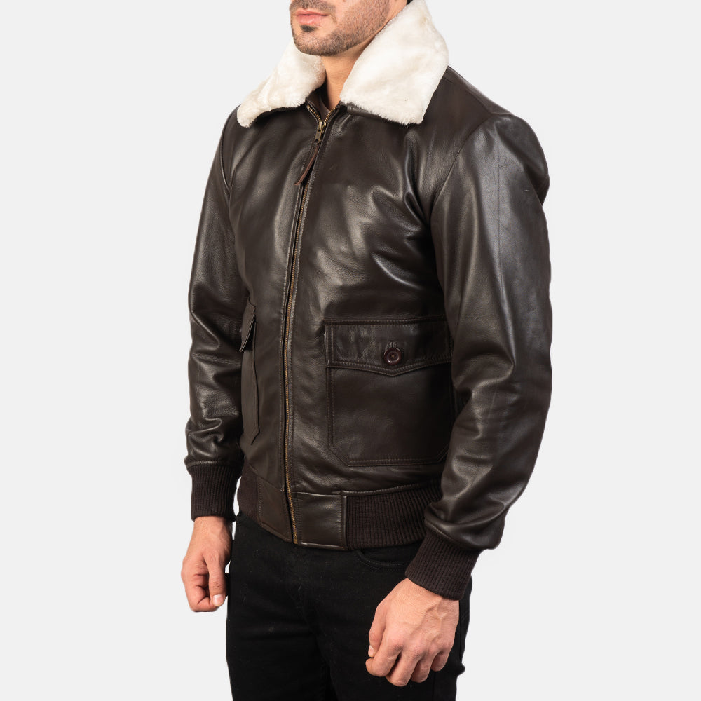Brown Sheepskin Leather Bomber Jacket - Vue de dos avec coupe ajustée aux épaules &amp; ourlet soigné