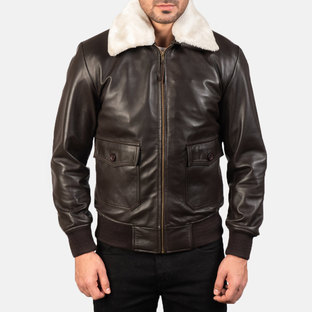 Vue détaillée of Shirt with Removable Fur &amp; Zipper Hardware on Men's Airin G-1 Marron Blouson Bomber en Cuir pour Homme