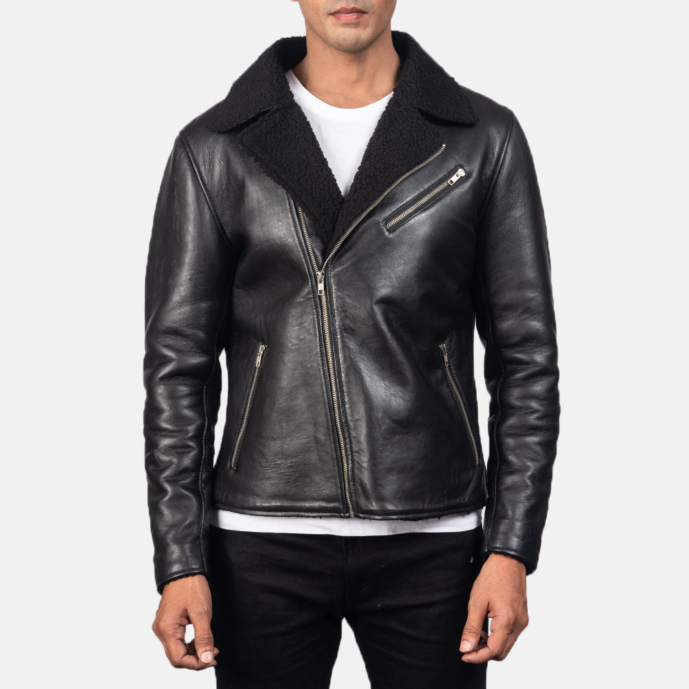 Men's Alberto Shearling Noir Veste en Cuir pour Homme - Vue de profil avec coupe de manche ergonomique