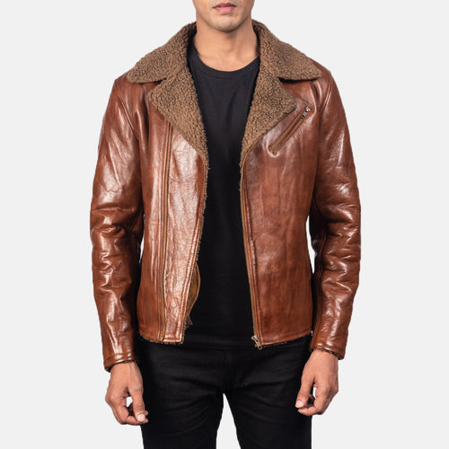 Men's Alberto Shearling Brown Leather Jacket in Brown Sheepskin Leather - Front Profile View & Tailored Silhouette | Buy Online