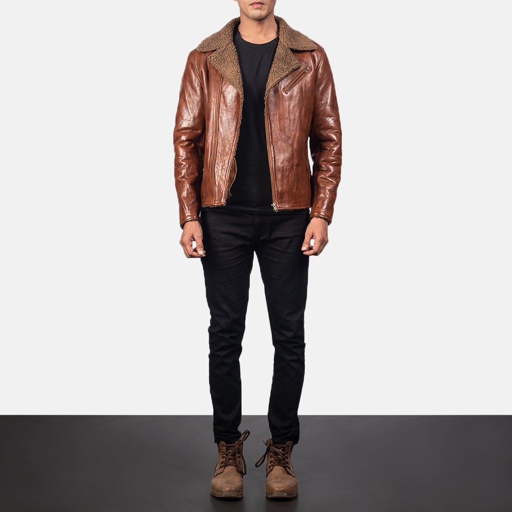 Vue détaillée of Notch &amp; Zipper Hardware on Men's Alberto Shearling Marron Veste en Cuir pour Homme