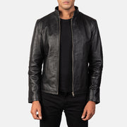 
Alex Black Leather Biker Jacket in Black Cowhide Leather - Vue de face & silhouette ajustée | Acheter en ligne