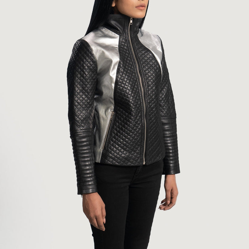 Alia Metallic Noir Veste Motard en Cuir pour Femme