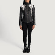 
Vue détaillée of High Neck & Zipper Hardware on Alia Metallic Noir Veste Motard en Cuir pour Femme