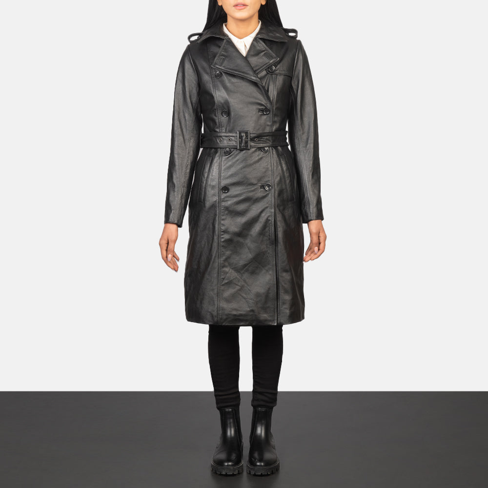 Women's Alice Black Double Breasted Leather Coat in Black Cowhide Leather - Front Profile View & Tailored Silhouette | Buy Online