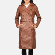 Women's Alice Marron Double Breasted Manteau en Cuir pour Femme - Vue de profil avec coupe de manche ergonomique