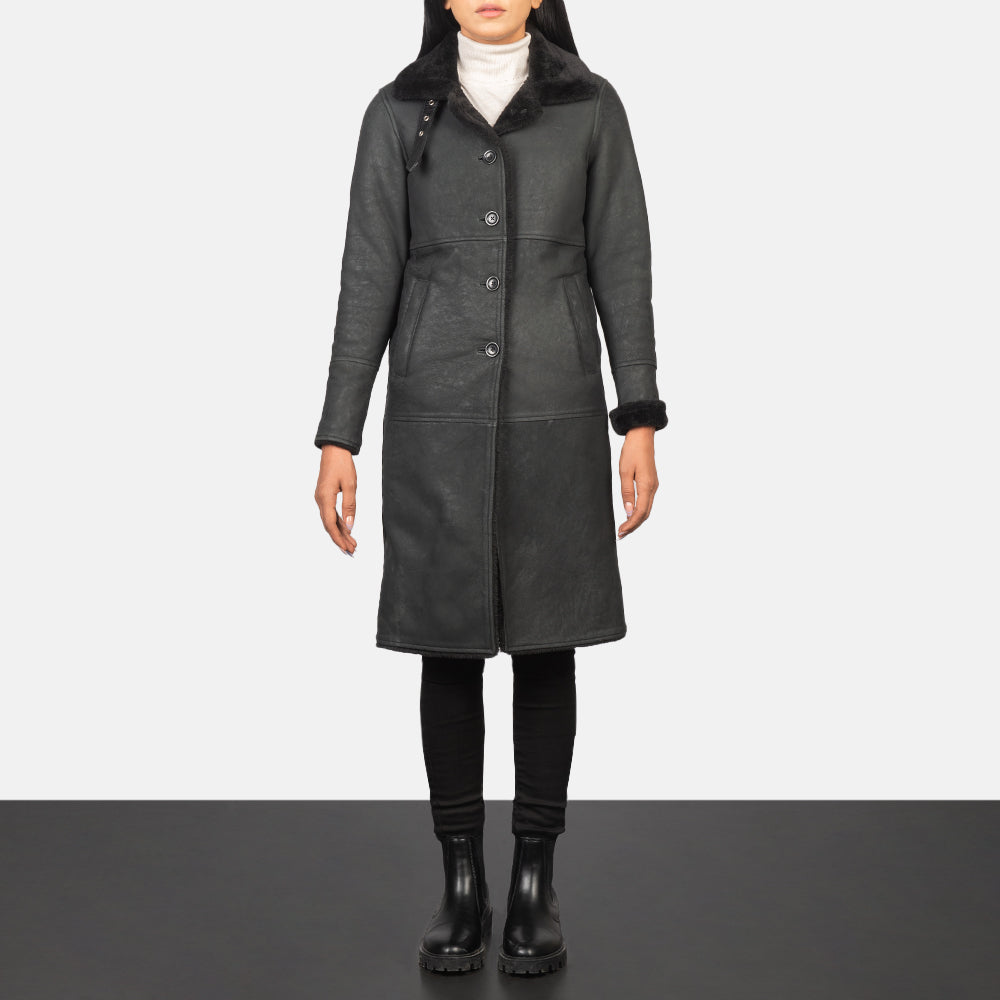 Women's Alina Shearling Noir Manteau en Cuir pour Femme - Vue de profil avec coupe de manche ergonomique