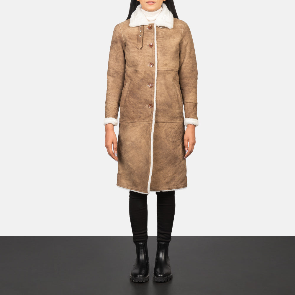 Women's Alina Shearling Marron Manteau en Cuir pour Femme - Vue de profil avec coupe de manche ergonomique