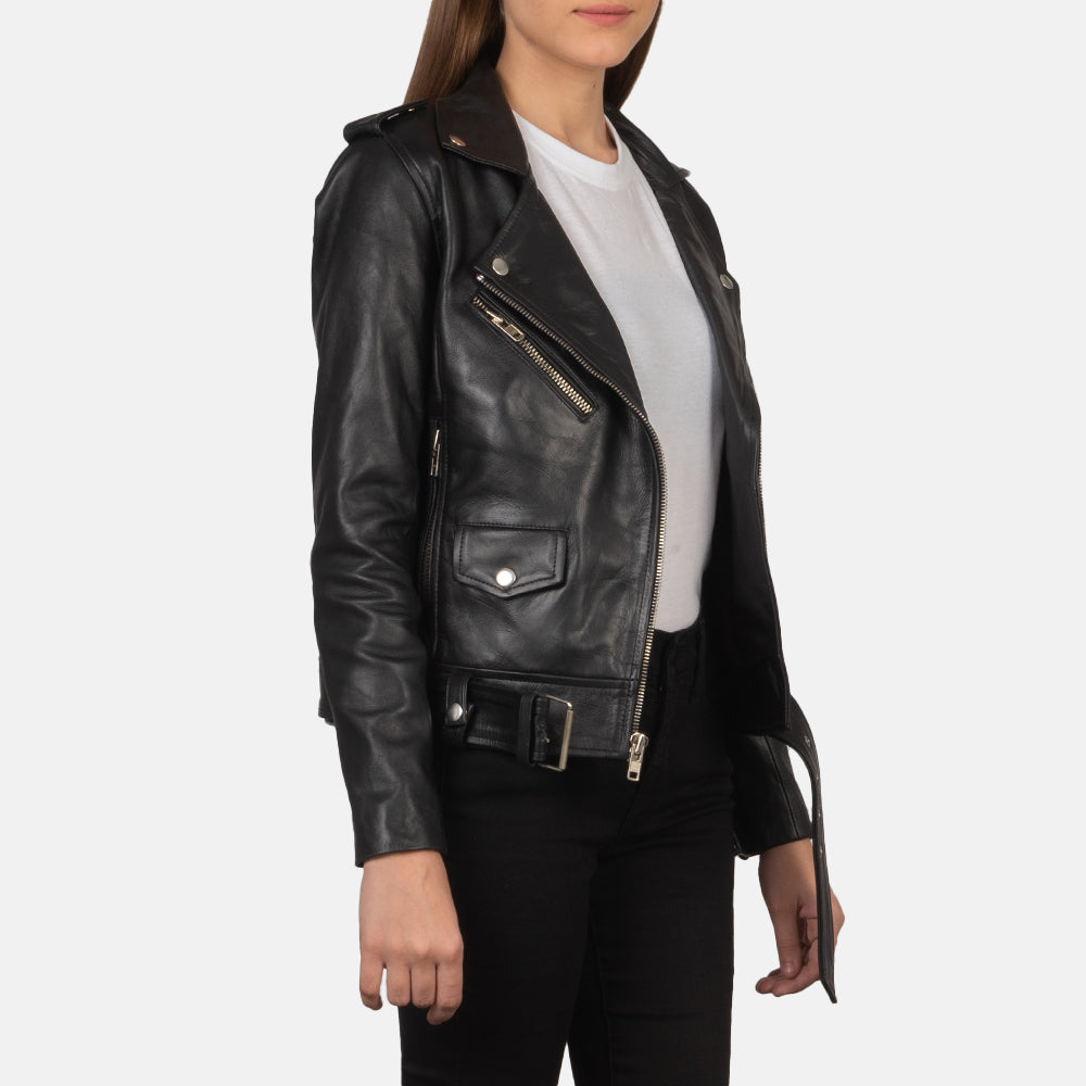 
Black Cowhide Leather Biker Jacket - Vue arrière montrant la carrure ajustée et l'ourlet net