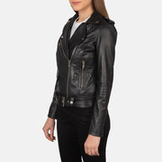 
Vue détaillée of Notch & Zipper Hardware on Alison Noir Veste Motard en Cuir pour Femme