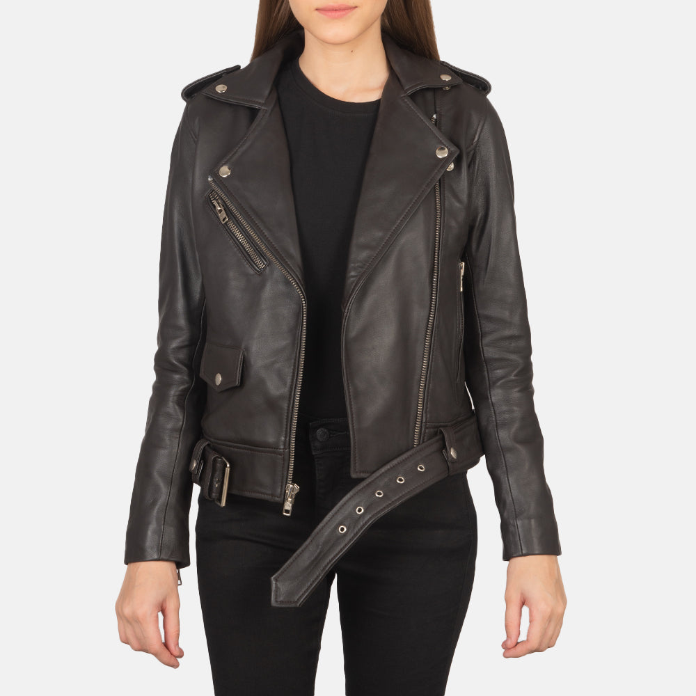 Women's Alison Marron Veste Motard en Cuir pour Femme in Brown Sheepskin Leather - Vue de face &amp; silhouette ajustée | Acheter en ligne