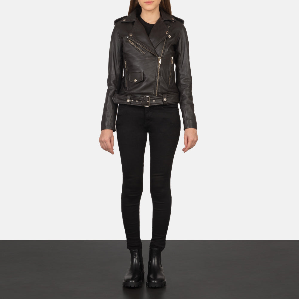 Women's Alison Marron Veste Motard en Cuir pour Femme - Vue de profil avec coupe de manche ergonomique