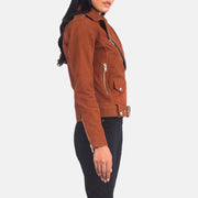Brown Goatskin Suede Biker Jacket - Vue de dos avec coupe ajustée aux épaules &amp; ourlet soigné