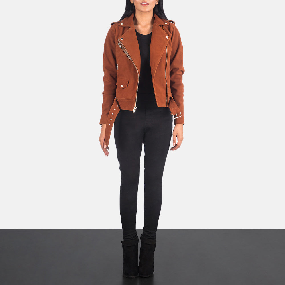 Women's Alison Brown Suede Biker Jacket - Lateral Side Profile View Showing Sleeve Cut & Athletic Taper Fit