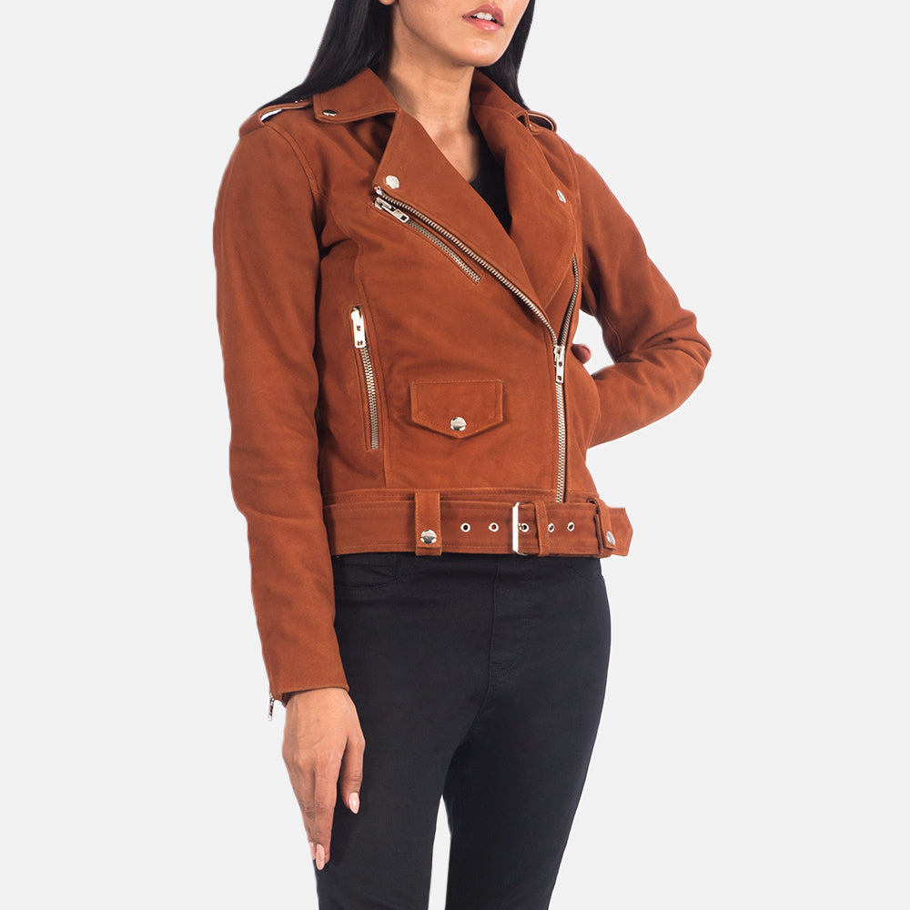 Vue détaillée of Notch &amp; Zipper Hardware on Women's Alison Marron Suede Veste Motard en Cuir pour Femme