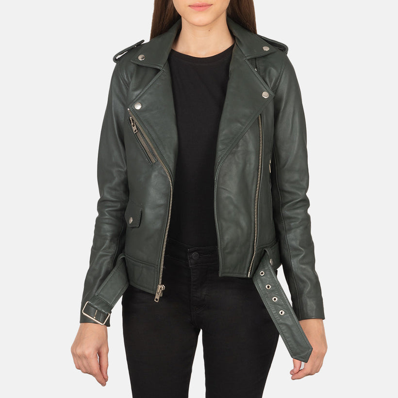 Alison Vert Veste Motard en Cuir pour Femme