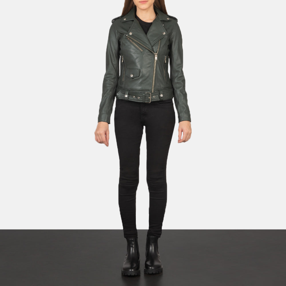 Women's Alison Vert Veste Motard en Cuir pour Femme - Vue de profil avec coupe de manche ergonomique