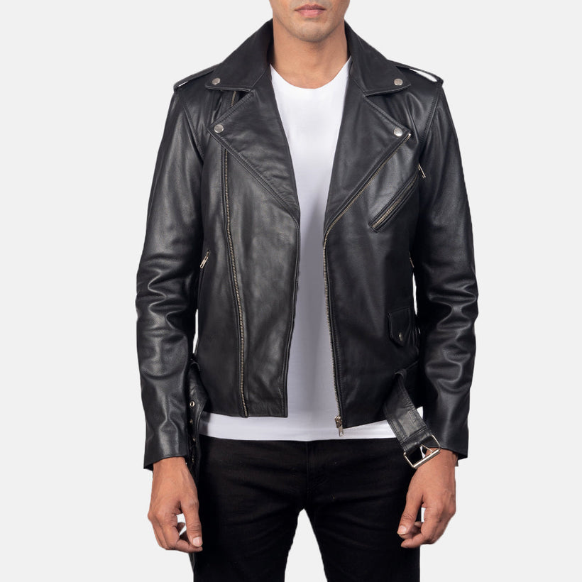 Men's Allaric Alley Black Leather Biker Jacket in Black Cowhide Leather - Front Profile View & Tailored Silhouette | Buy Online