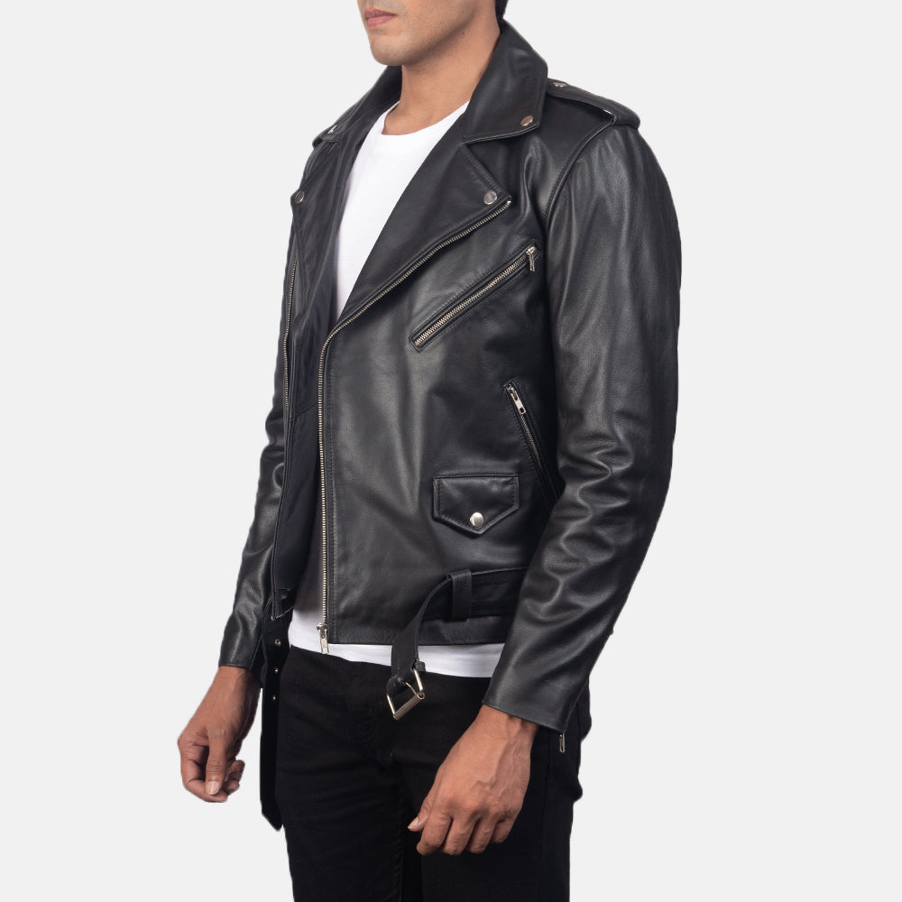 
Black Cowhide Leather Biker Jacket - Vue arrière montrant la carrure ajustée et l'ourlet net