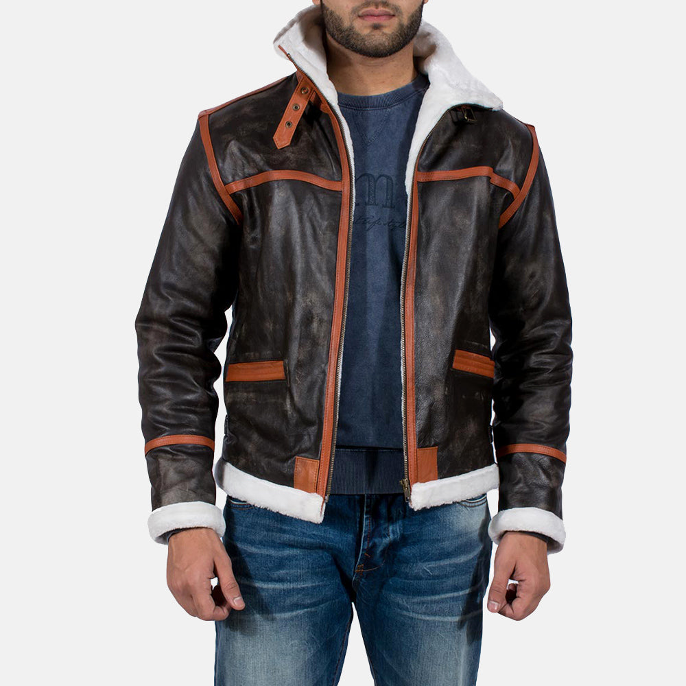 Distressed Brown Goatskin Leather Aviator Jacket - Vue de dos avec coupe ajustée aux épaules &amp; ourlet soigné
