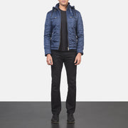 Vue détaillée of High neck with Belt &amp; Zipper Hardware on Men's Alps Quilted Blue Windbreaker Jacket