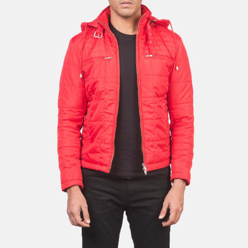 Alps Matelassé Rouge Hooded Windbreaker Veste en Cuir pour Homme